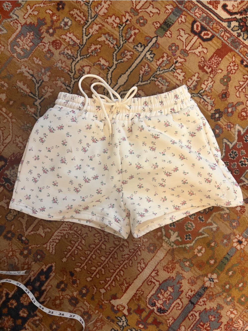 Floral Drawstring Women’s Shorts - Cream with Pink Accent